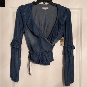 Soft Denim Wrap Tunic with Ruffle Trim - Blue